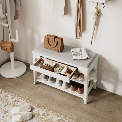 Addisin Adryell Solid Wood 2-Tier Entryway Bench with Drawers and Padded Cushion