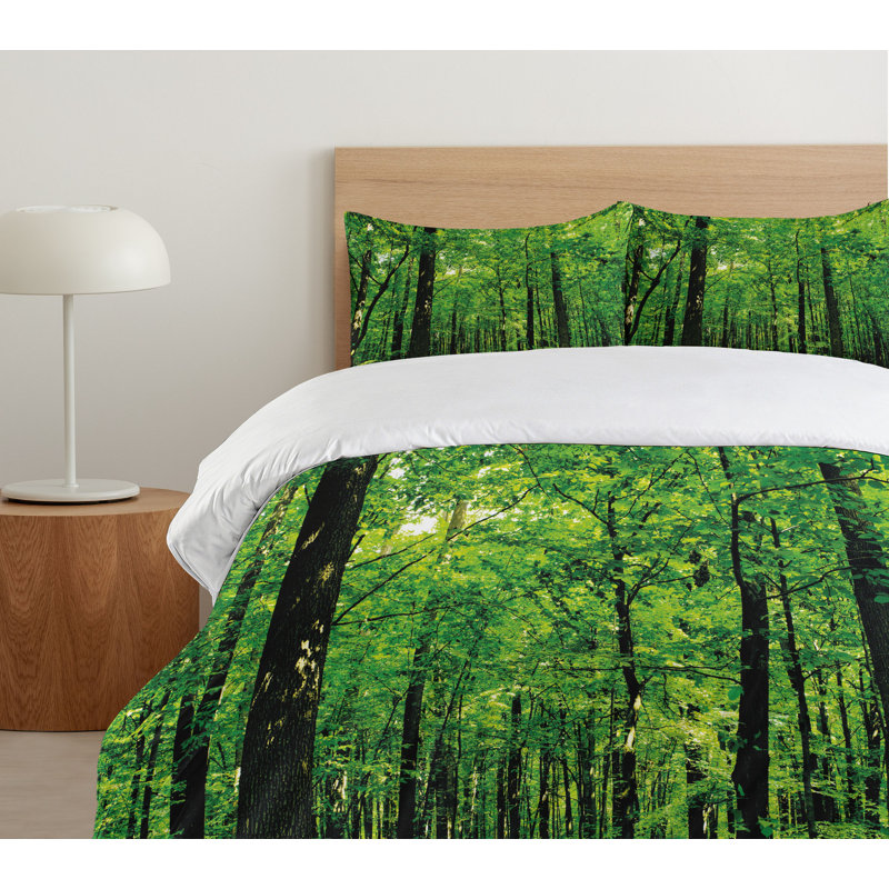 Green Forest Nature Print Queen Duvet Cover Set