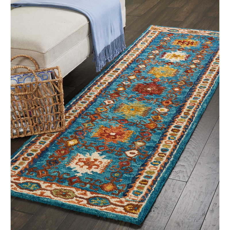 Tapis bleu sarcelle Reta, Tapis de couloir 2 pi 3 po x 7 pi 6 po