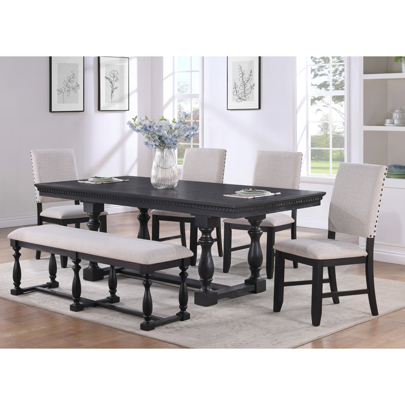 Table de salle à manger rectangulaire en bois massif, conception rustique avec base à tréteaux, teinte foncée, 6 sièges rectangulaires, ton, pieds