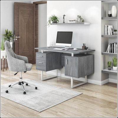 Modern Grey Office Desk with Drawers and Storage, 51.25 Inch Width, Sleek and Durable Design for Home or Office Use