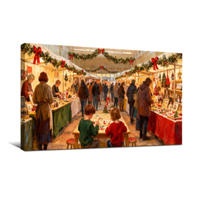 Scène de marché de Noël avec des gens et des décorations