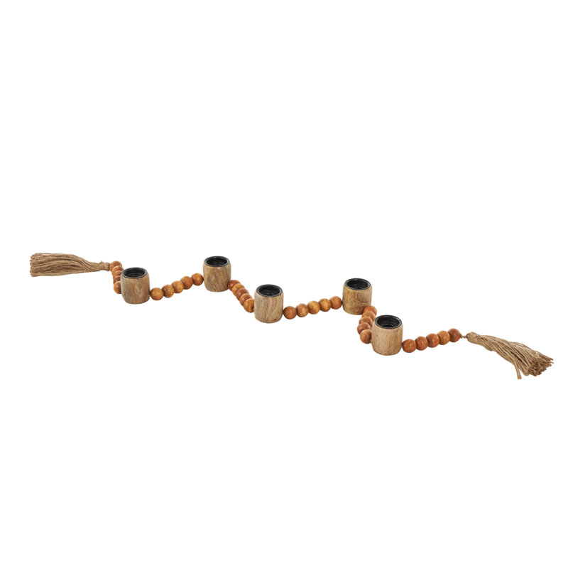 Mango Wood Garland Decorative Brown Candle Holder With Tassel, 2.2" H x 46" W x 1.9" D