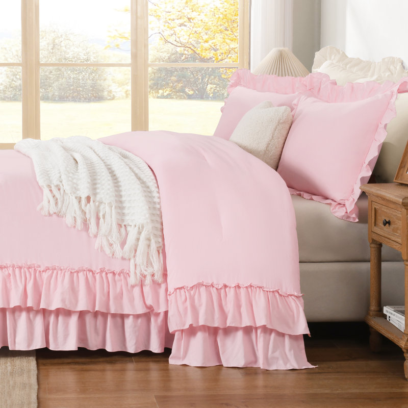Ensemble d'édredon rose pour grand lit, ensemble de literie léger et moelleux à volants rose ferme, ensemble d'édredon toutes saisons en microfibre douce 3 pièces (1 édredon et 2 taies d'oreiller)