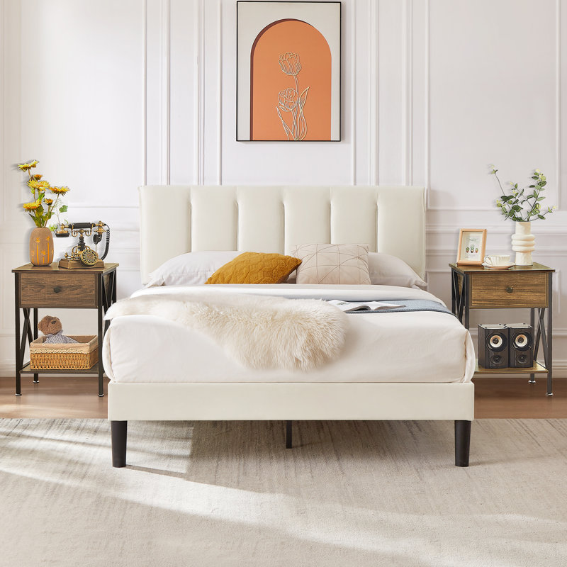 Ensemble de chambre avec lit plateforme tapissier 3 pièces Dejacha, Double, Brun
