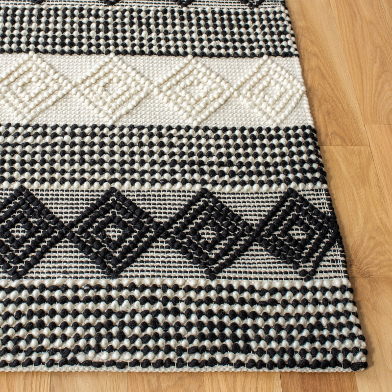 Tapis rayé en laine / coton ivoire / noir Stimpson, Carré 4 pi