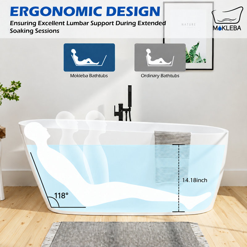 Baignoire de trempage autoportante en acrylique L 59 po x l 28 po, drain et trop-plein chromés, conception moderne pour salles de bain luxueuses