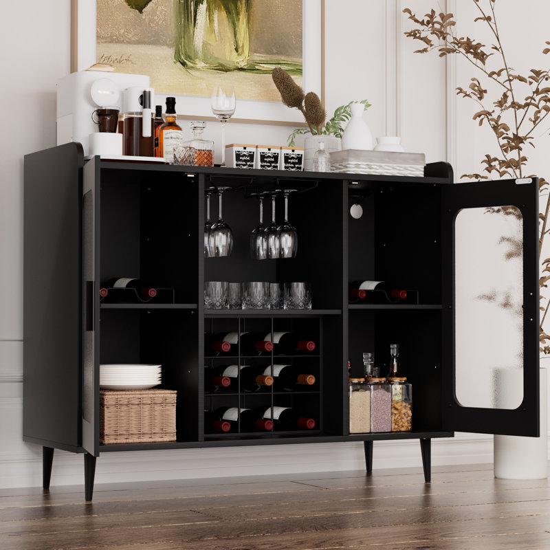 Xachary 40'' Wine Bar Cabinet with 4-Tier Storage for Glasses with LED Lights, Sideboard with Doors, Black