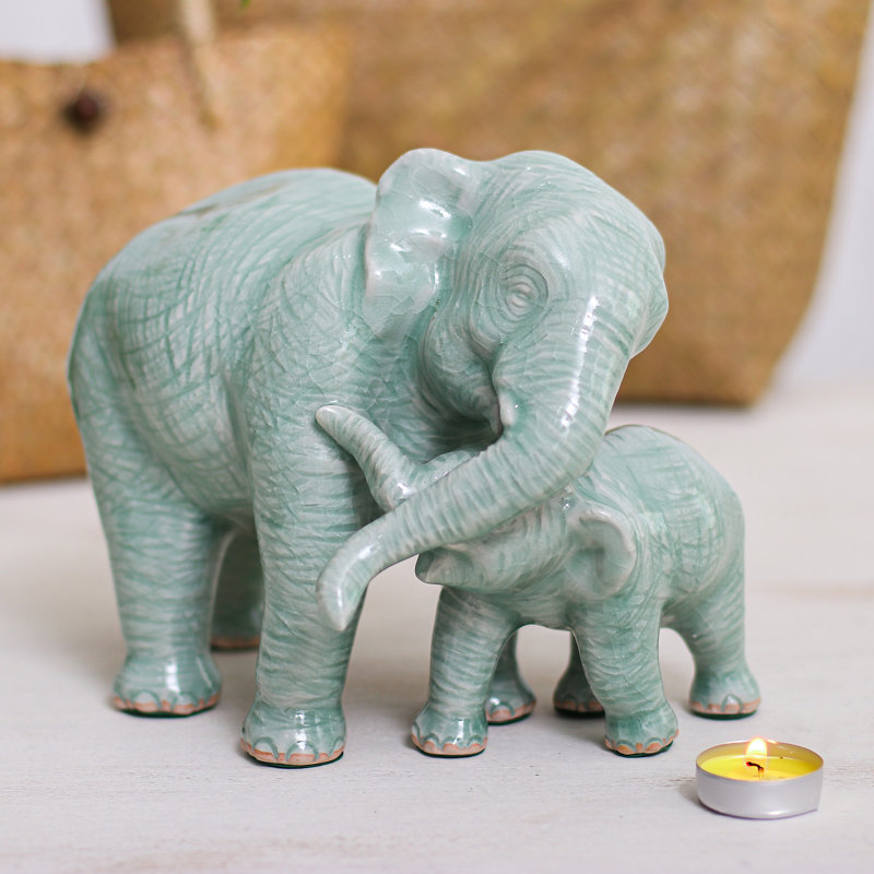 Handmade Elephant Love Celadon Ceramic Figurine