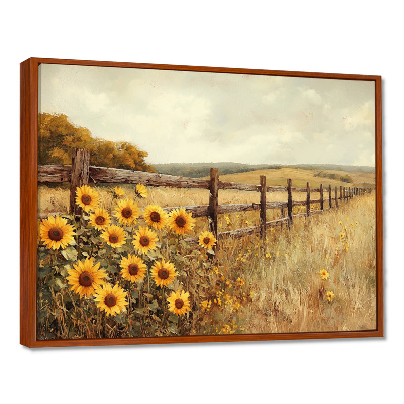 «Donishia Sunflowers By The Horse Corral I», art mural tournesols, Brun, Impression encadrée flottante sans passe-partout