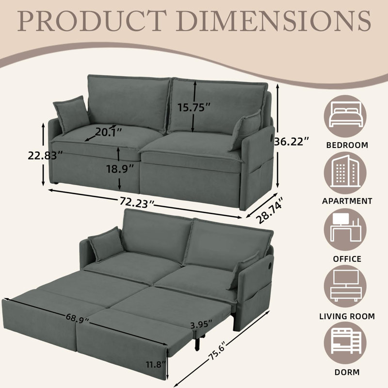 2 Seater Fabric Sofa Bed, Dark Grey