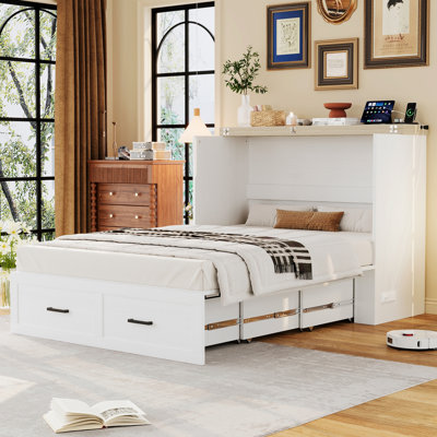 Cadre de lit moderne pour chambre à coucher, chambre d'amis, lit escamotable avec station de charge et tiroir de rangement, cadre de lit pour la maison