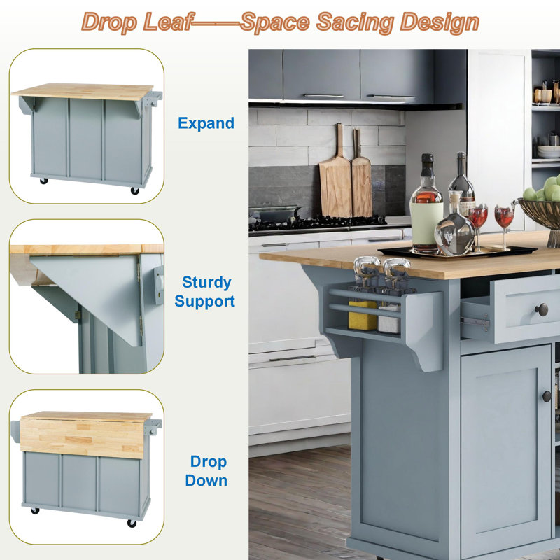 Kitchen Island With Drop-leaf Countertop, 5 Wheels, Storage Cabinet, Open Shelves And 3 Drawers, Blue