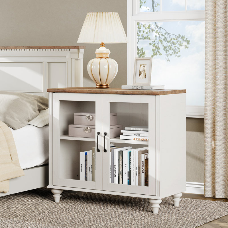 Scarlett End Table For Bedroom With 2 Glass Doors, Mid Century Modern Wooden Closet Storage Organizer, White