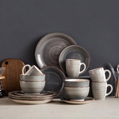16-Piece Gray Stripe Ceramic Dinnerware Set for 4, Classic Linear Pattern on Plates, Bowls & Mugs, Everyday & Entertaining