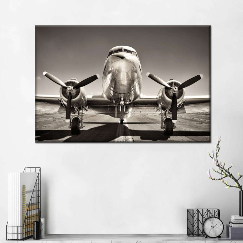 Impression sur toile avion noir et blanc rétro, H 32 po x l 48 po x P 1,25 po