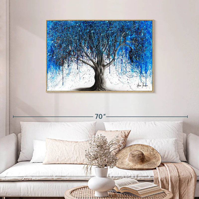 Arbre bleu au clair de lune, Cadre flottant en bois naturel, 43 po x 29 po
