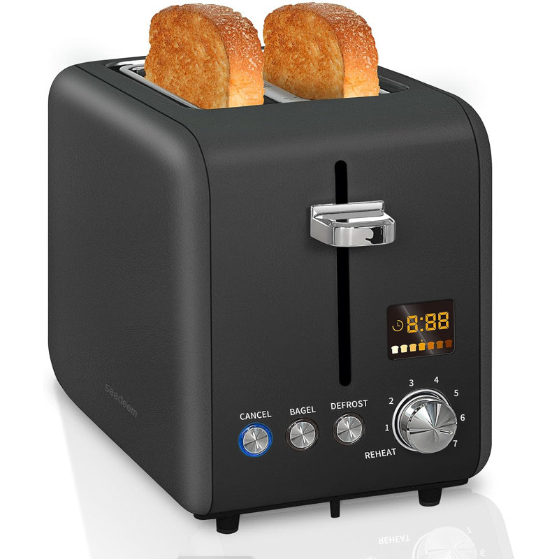 Toaster 2 Slice, Stainless Steel Bread Toaster LCD Display, 7 Bread Shade Settings, 1.4'' Wide Slots, Matte Black