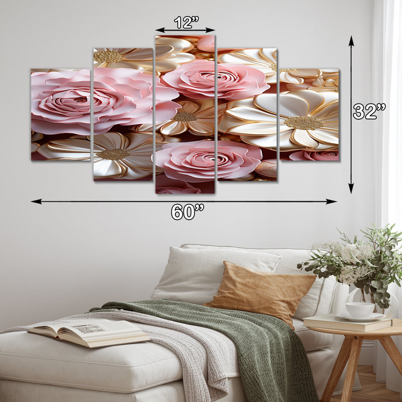 Art de fleurs liquides roses tendres tendres - formes abstraites, art mural salon - 5 panneaux