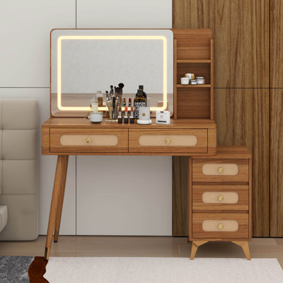 Coiffeuse de maquillage rétro avec miroir et lumières, bureau de coiffeuse avec 5 tiroirs et tablette de rangement, conception de tiroir en rotin