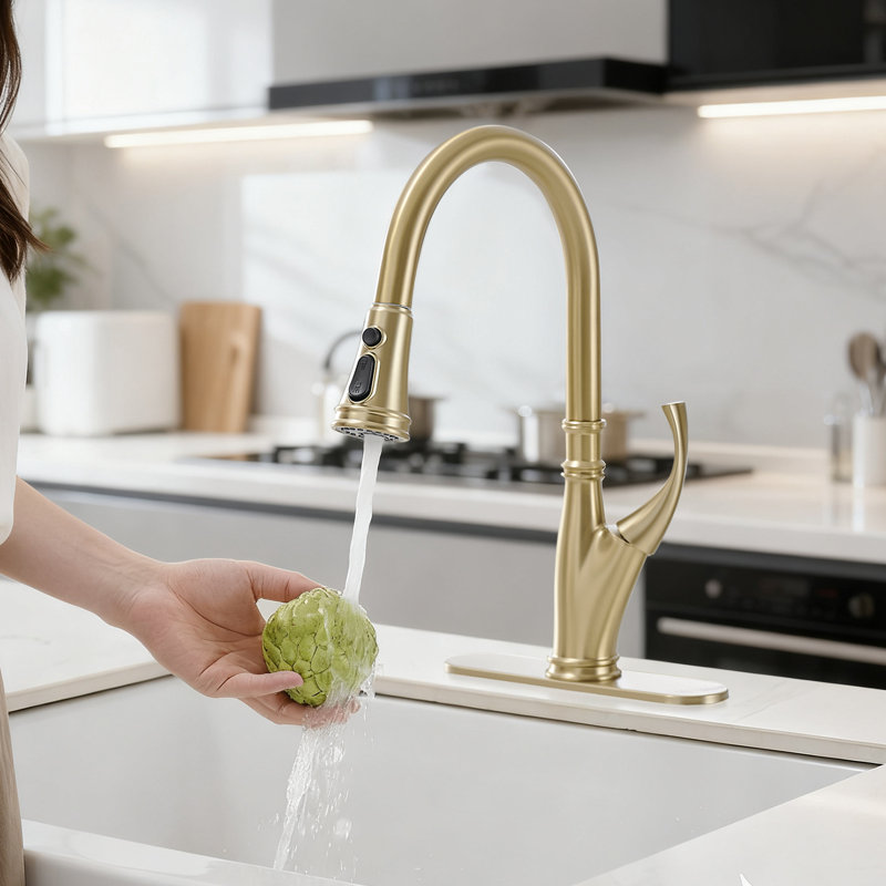 Single-Handle Pull-Down Pull-Out Sprayer 3 Spray High Arc Kitchen Faucet With Deck Plate In Brushed Gold, Brushed Gold