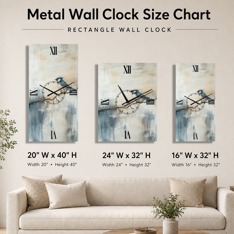 Geai bleu sur une branche d'hiver I - Grande horloge murale scandinave, H 40 po x l 20 po - Rectangle
