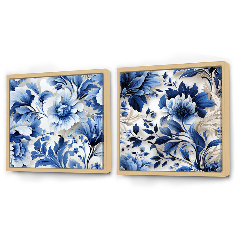 Motif victorien de feuilles d'acanthe bleu cobalt - ensemble de collage carré floral, Cadre flottant brun, H 30 po x l 61 po