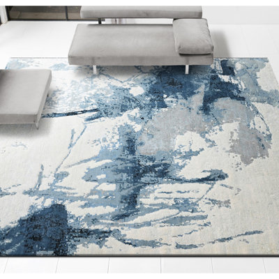 Tapis ivoire et bleu noué à la main de haute qualité