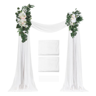 Ensemble de fleurs artificielles pour arche de mariage, fleurs blanches avec voilages (lot de 4) : 2 compositions florales, 2 voilages. Parfait pour la décoration de bouquets de cérémonie et de fond de réception.