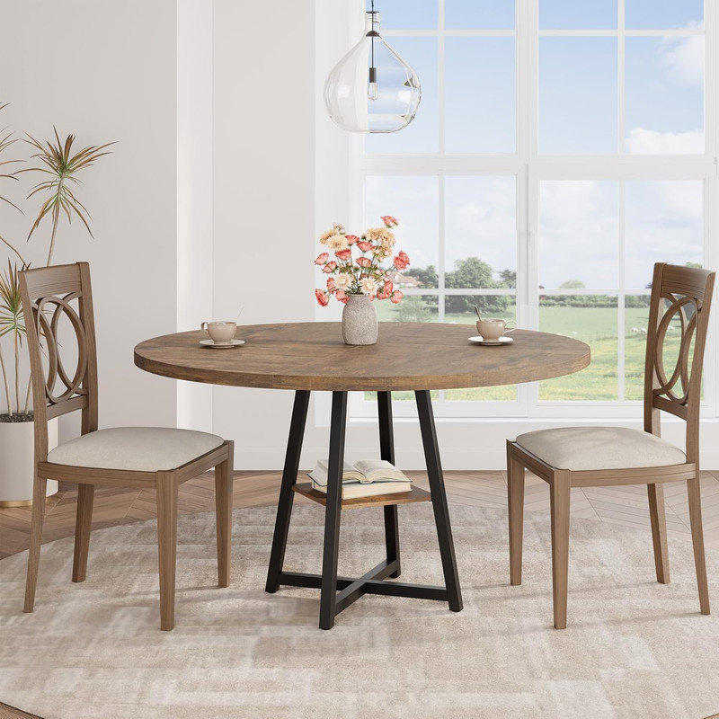 47.2" Round Dining Table for 4‑6, Industrial Kitchen Table with Metal Pedestal Base & Storage Shelf, Brown