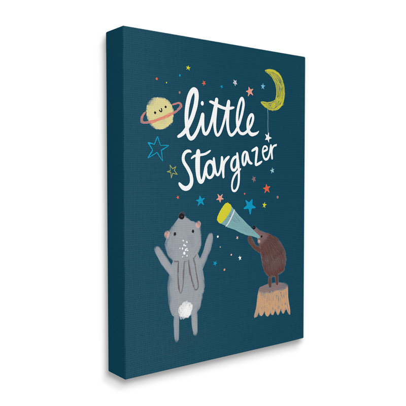 «Little Stargazer Kid's Forest Animals Under Night Sky» par - Art textuel, H 20 po x l 16 po, Toile tendue