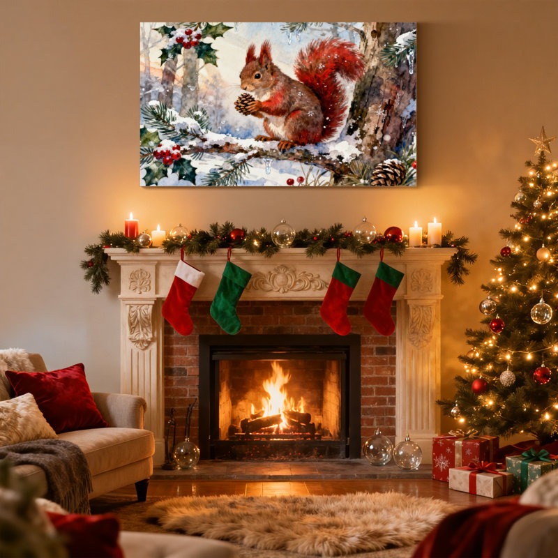 «Christmas Winter Squirrel Snowy Branch Pinecone Holly», ensemble de 3 reproductions d'art sur toile, H 12 po x l 18 po