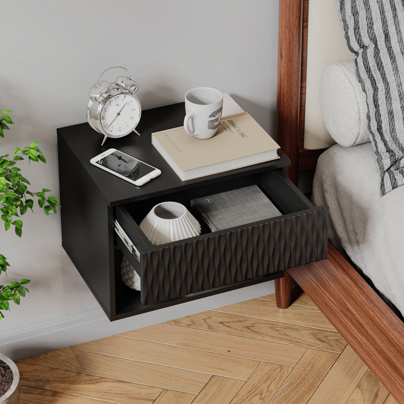 Ensemble de 2 tables de chevet avec armoire murale peu encombrante: tiroir, rangement ouvert, glissières à 3 sections, surface sculptée, anti-secousse, bricolage, pour chambre / bureau