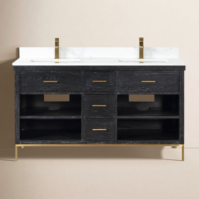 Ensemble de meuble-lavabo double 60 po Arva, Noir, Or