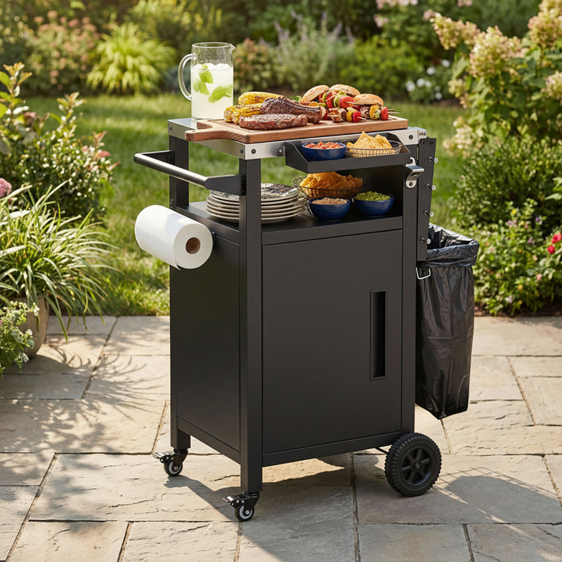 Outdoor Grill Cart with Drop Leaf & Stainless Steel Top, Rolling BBQ Prep Table with Waterproof Cover