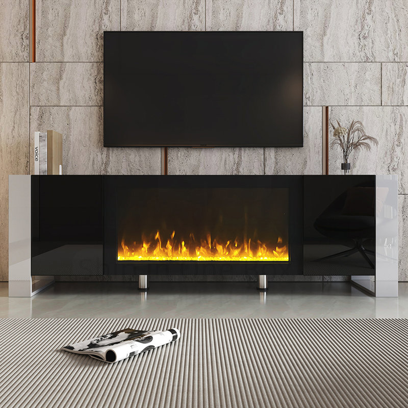 Wood Top TV Stand  With  Electric Fireplace ,2 Cabinets, Black