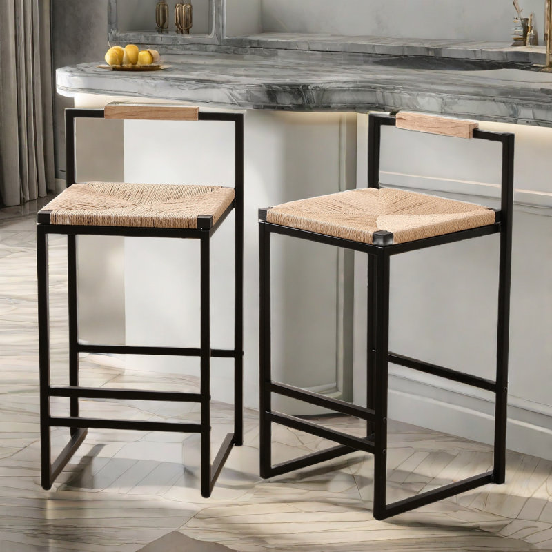 Eglantier Paper Rope Weave Bar Stools with  Backrest and Footrest, Metal Frame