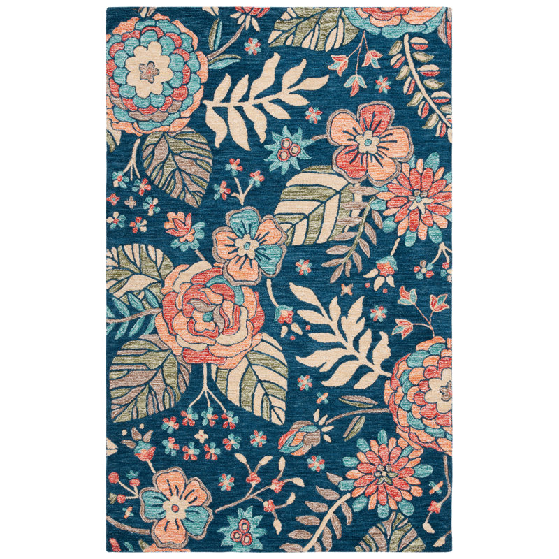 Jardin Handtufted Wool Cotton Floral Rug in Blue/Green, Rectangle 5' x 8'