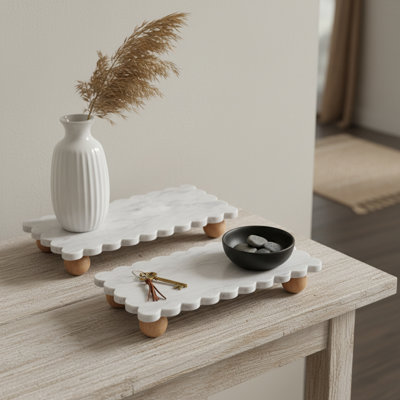 Elegant Rectangular Accent Tray With Scalloped Marble Design - Decorative Tray For Stylish Home Decor And Living Room - Perfect For Organizing And Display With Wooden Ball Feet - Set Of 2, 16", White