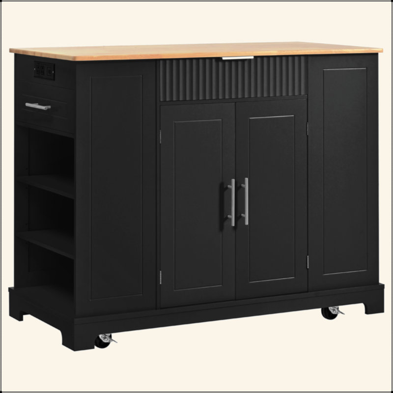 Îlot de cuisine cannelé avec armoire de rangement pour poubelle, prise de courant, support de rangement interne, îlots de cuisine roulants sur 5 roues avec 3 tiroirs, 3 supports latéraux ouverts pour poubelle de 10 gallons