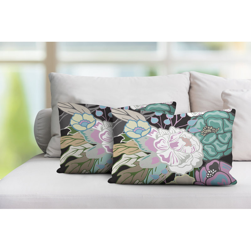 Nouvel Floral Indoor/Outdoor Lumbar Pillow, Black