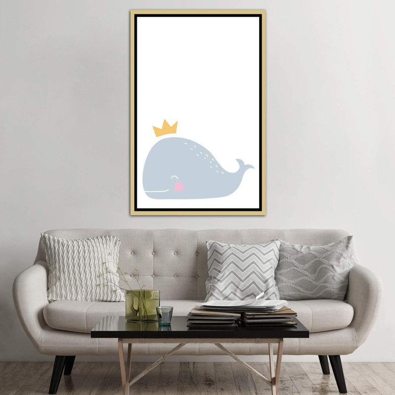Baleine avec couronne - impression d'art graphique, H 60 po x l 40po x P 1,5 po, Toile encadrée d'or, Pas de tapis