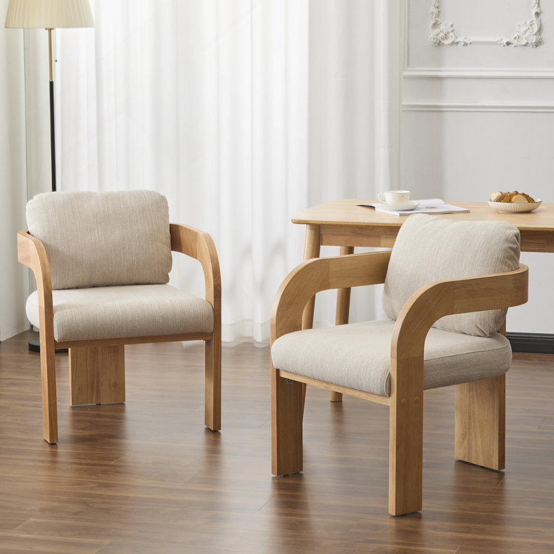 Ensemble de 2 chaises de salle à manger avec dossier coussiné, tissu beige, structure en bois massif de couleur naturelle