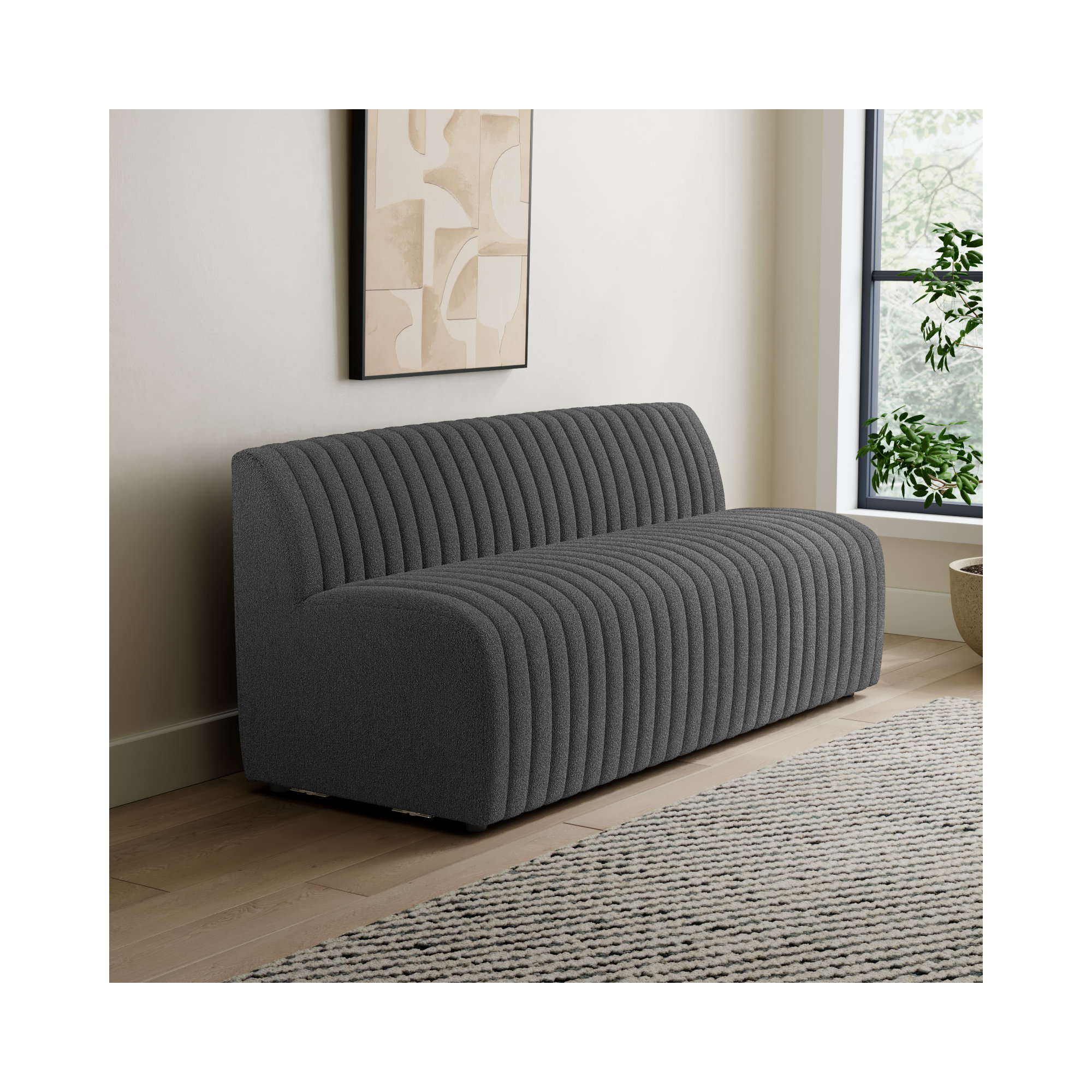 Brandt Bench, Fiqa Charcoal Boucle, 31.5" H x 72" W x 28" D