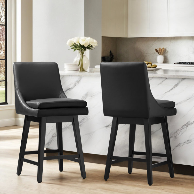 Aleksy Swivel Upholstered Counter Stool with Solid Wood Frame, Counter Stool (26.5" Seat Height), Black