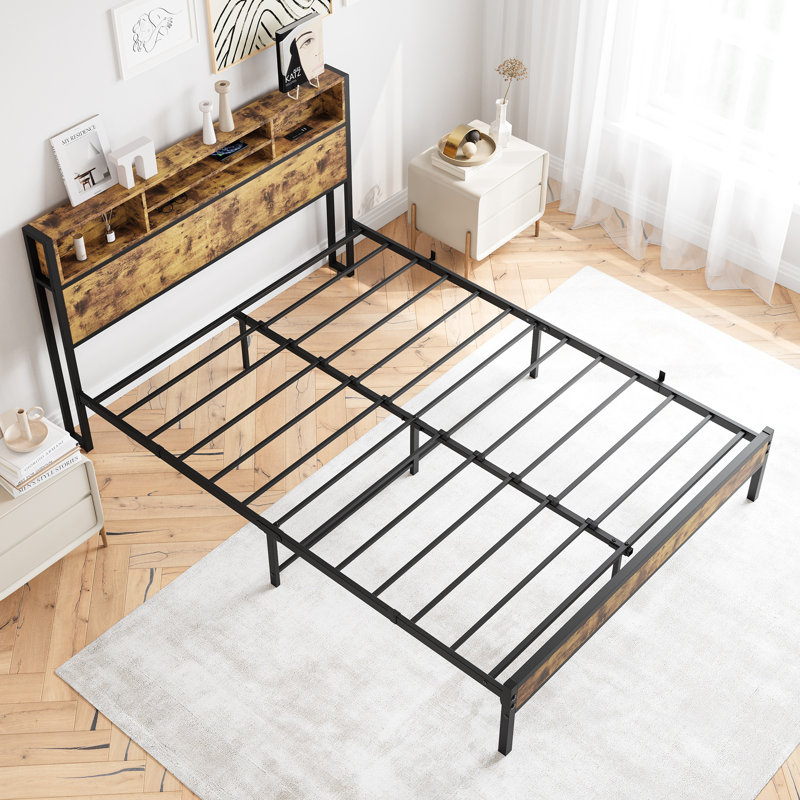 Bed Frame with Storage Headboard, Twin, Brown/Black