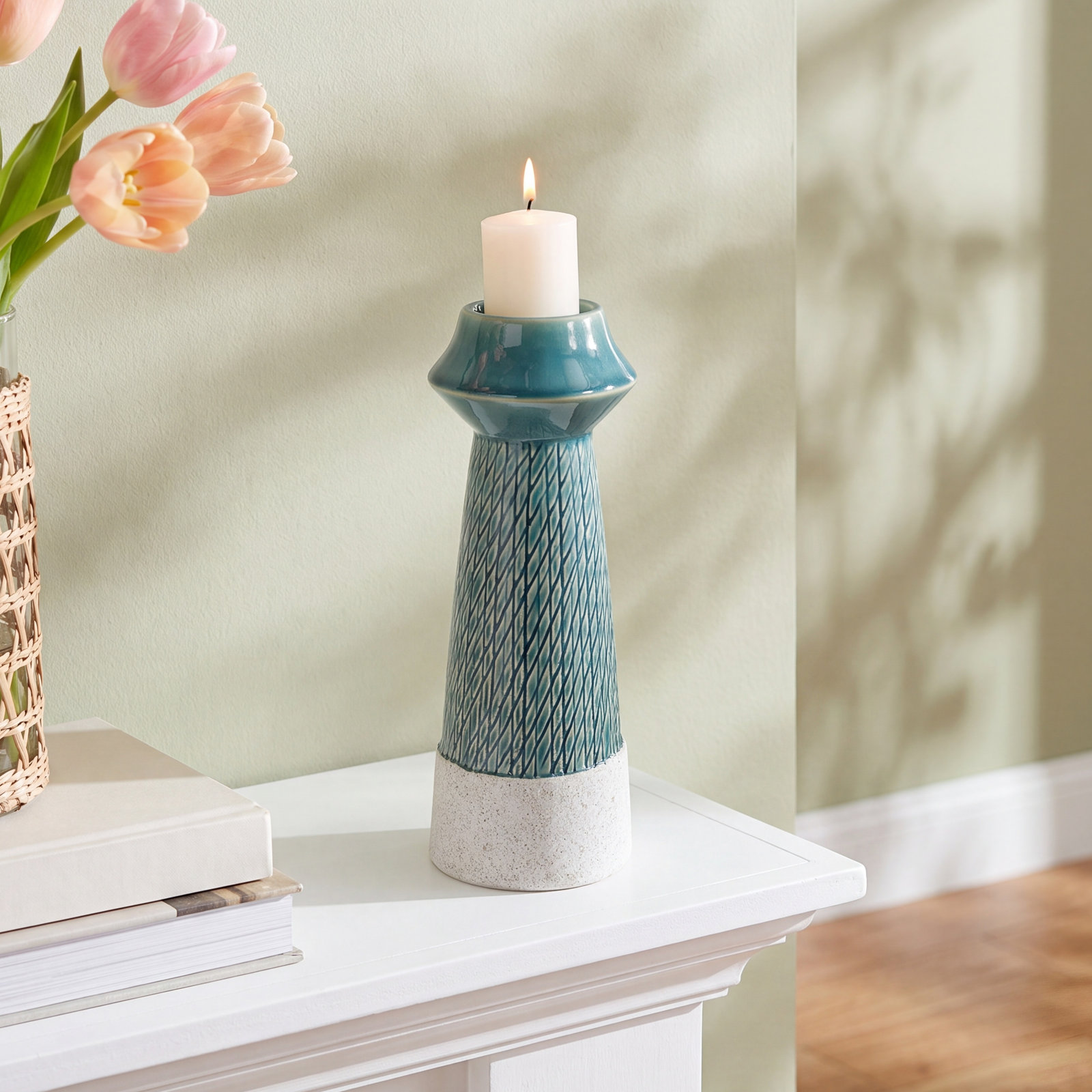 Porcelain Candlestick Holder, 9" H x 3" W x 3" D