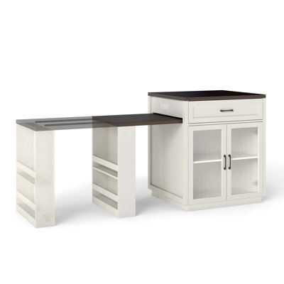 83.1'' Extendable Kitchen Island With Slide Out Table And Storage Racks For 2-6 Person,Kitchen Island With Tempered Glass Doors,Walnut Woodgrain Dining Table,Power Outlet,Bar,Prep Station(Cream White)