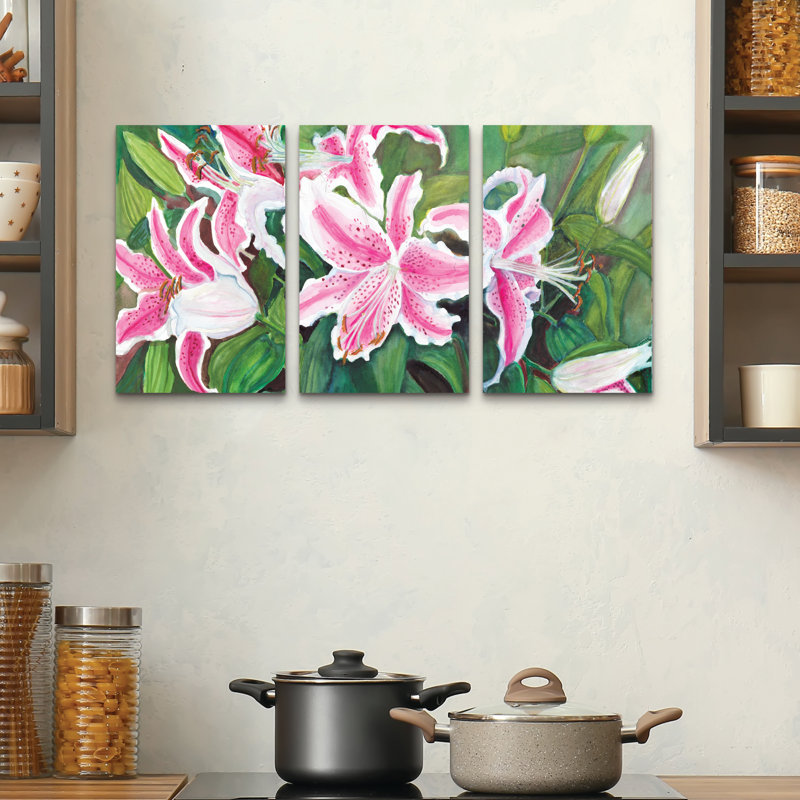 Ensemble de 3 panneaux - Joanne Porter «Fancy Lilies», art mural sur toile pour le salon, la chambre à coucher ou le bureau 