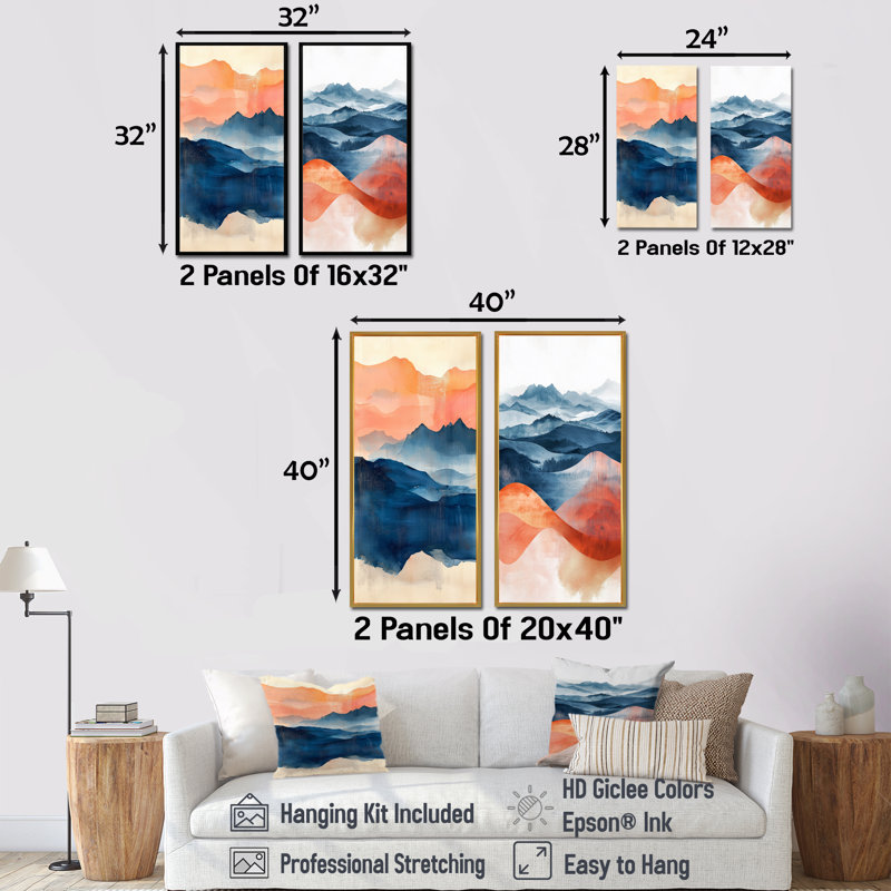 Rose, bleu, paysage audacieux, montagnes audacieuses, collection de 2 panneaux sur toile, H 28 po x l 25 po